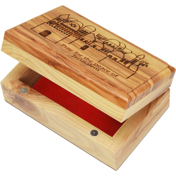 'Pray for the Peace of Jerusalem' Engraved Olive Wood Box - Made in Israel - 11cm (with lid open)