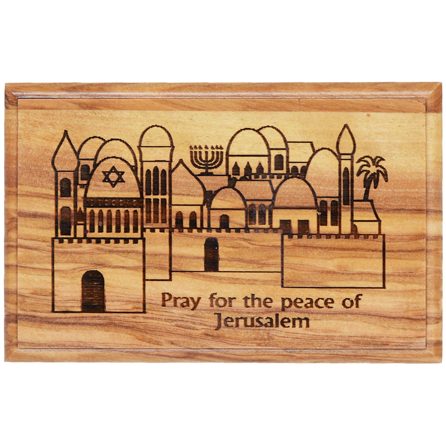 ‘Pray for the Peace of Jerusalem’ Engraved Olive Wood Box – Made in Israel – 11cm (view from above)