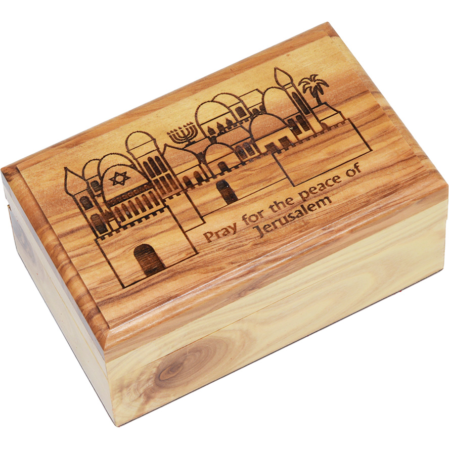 ‘Pray for the Peace of Jerusalem’ Engraved Olive Wood Box – Made in Israel – 11cm