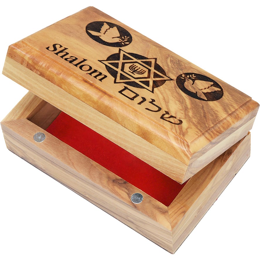 ‘Shalom’ with Doves and a Star of David Olive Wood Box – 11cm (with lid open)