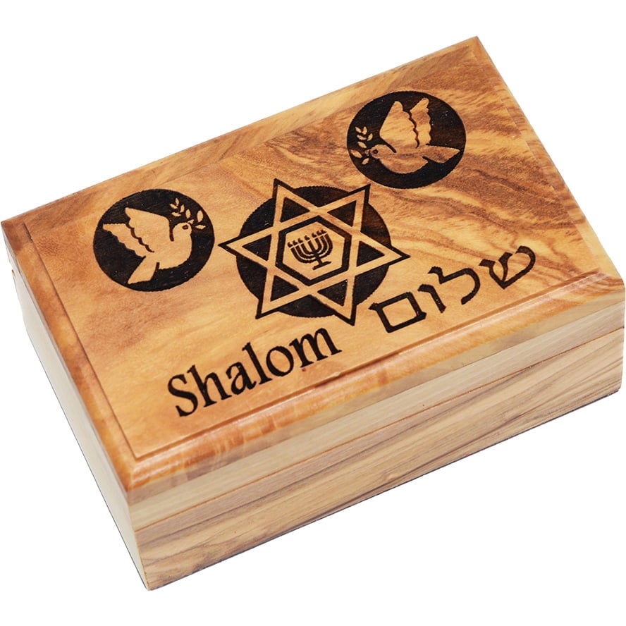 'Shalom' with Doves and a Star of David Olive Wood Box - 11cm
