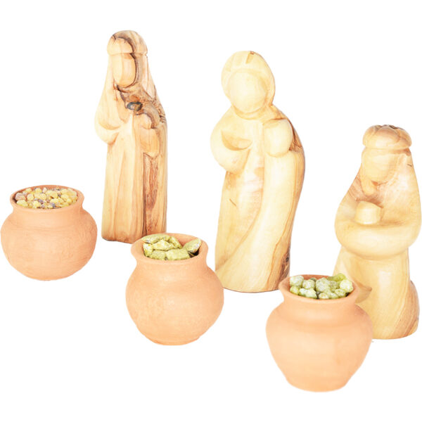 Olive wood faceless pieces - The 'Wise Men' with gifts in clay pots