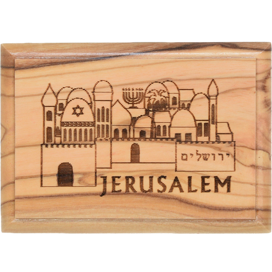 Jerusalem Old City – Jewish Symbols – Olive Wood Box – 2.8″ (view from above)