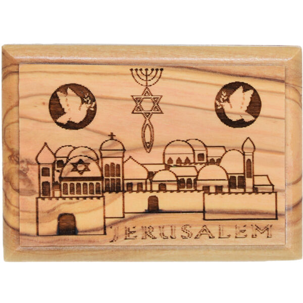 Messianic Jerusalem Old City - Olive Wood Box - Made in Israel 2.8" (view from above)