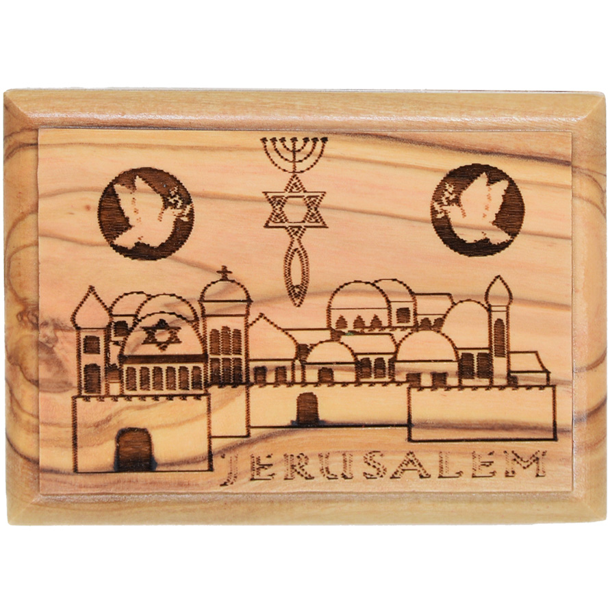 Messianic Jerusalem Old City – Olive Wood Box – Made in Israel 2.8″ (view from above)