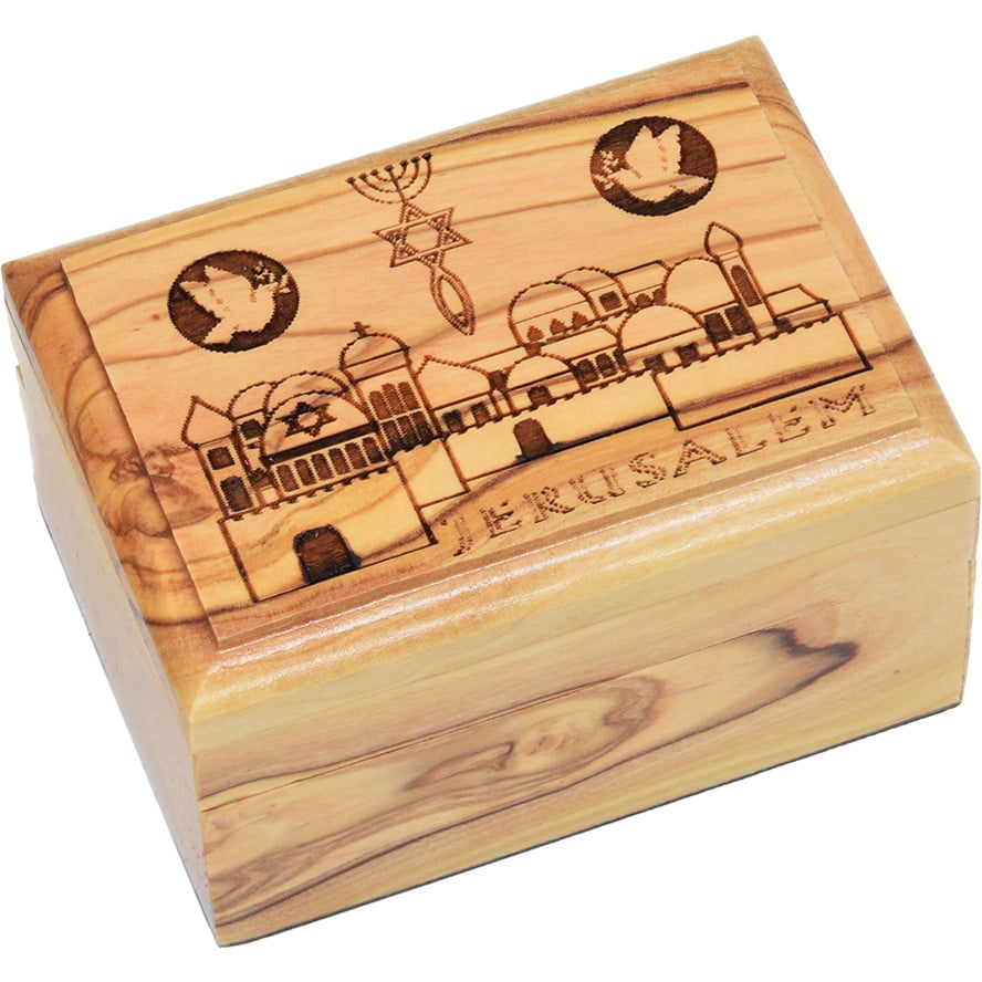 Messianic Jerusalem Old City – Olive Wood Box – Made in Israel 2.8″
