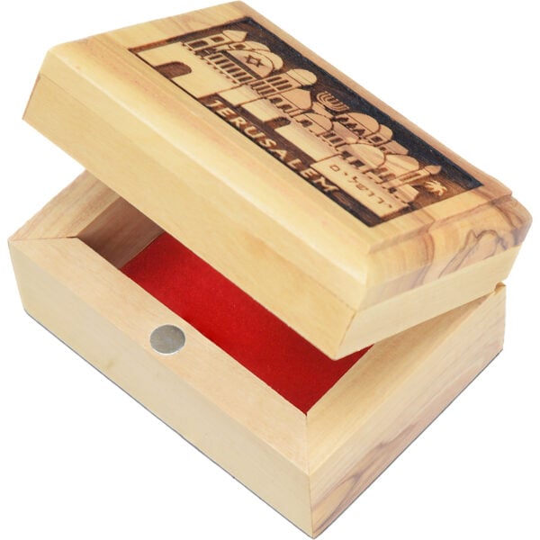 'Jerusalem' in Hebrew Silhouette - Olive Wood Box - 2.8" (lid open)