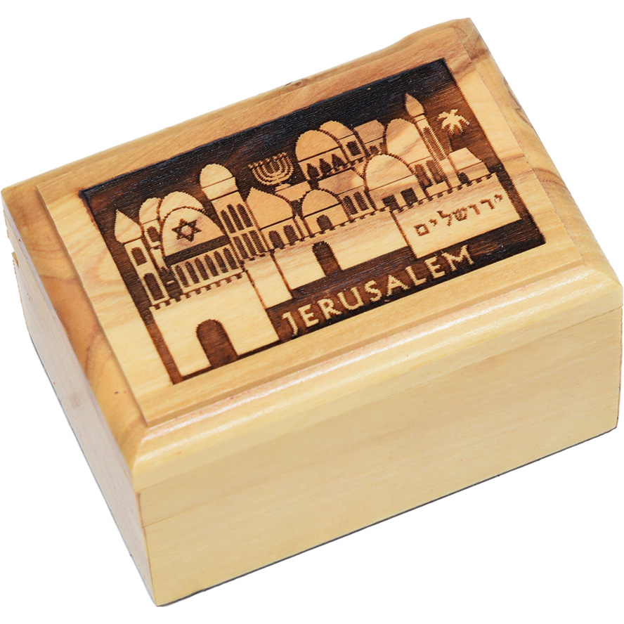 ‘Jerusalem’ in Hebrew Silhouette – Olive Wood Box – 2.8″