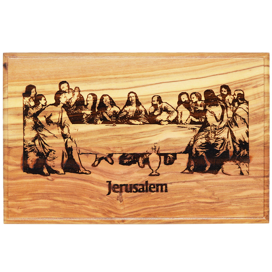 ‘The Last Supper’ Engraved Olive Wood Box – Handmade in Israel – 7″ (view from above)