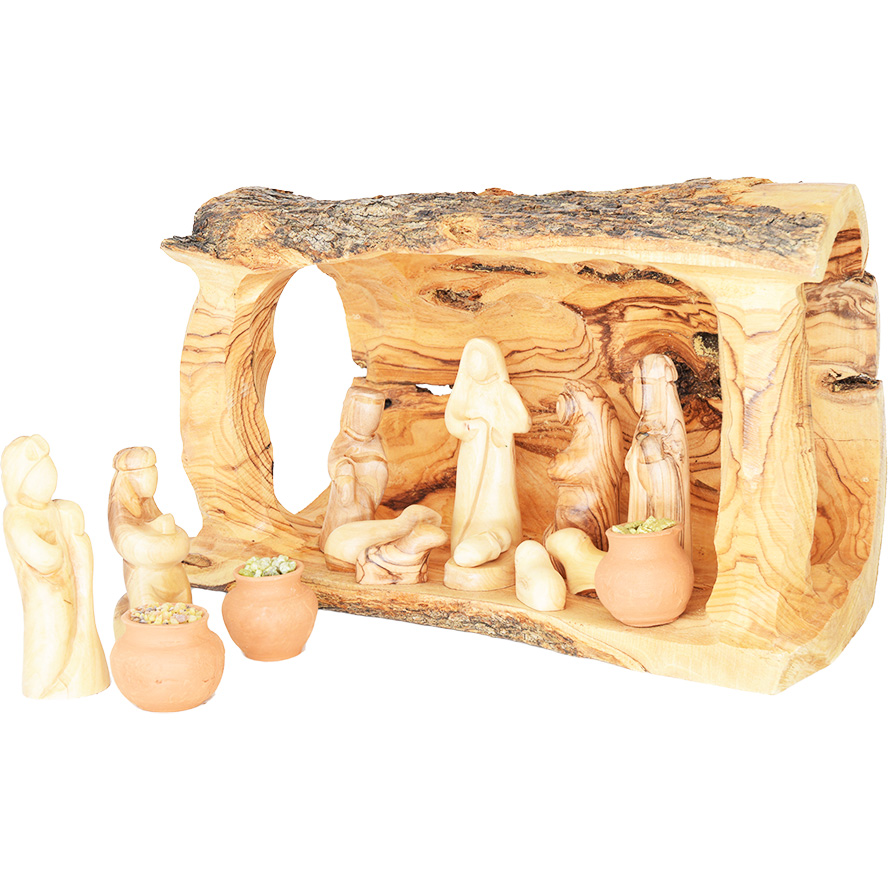Olive Wood Log Nativity – Faceless Set + The Wise Men Gifts in Clay Pots