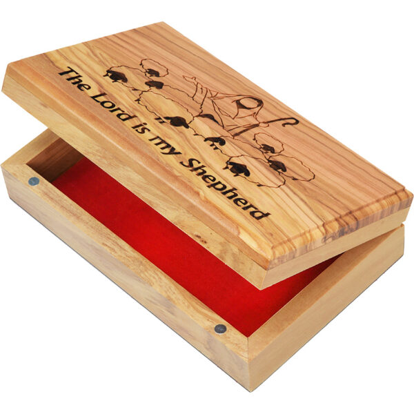 "The Lord is my Shepherd" Engraved Olive Wood Box from Israel - 7" (open lid)