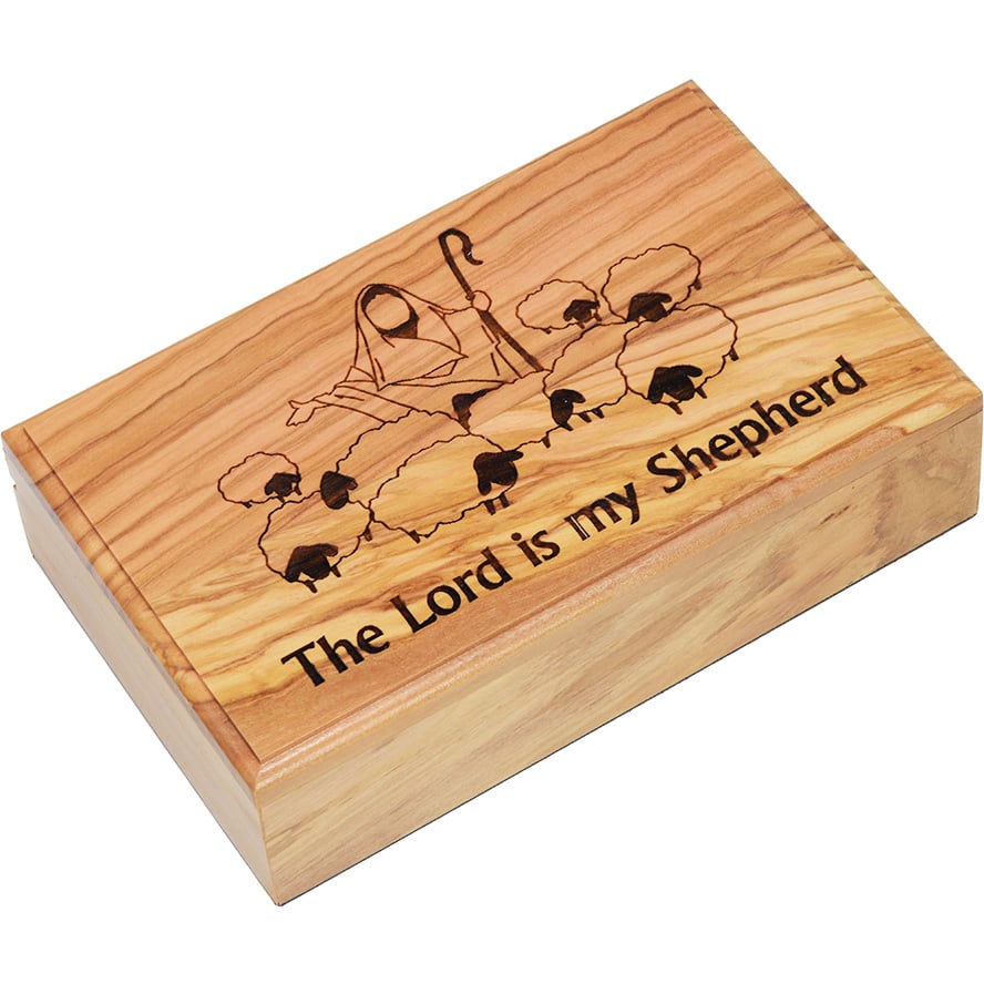 "The Lord is my Shepherd" Engraved Olive Wood Box from Israel - 7"