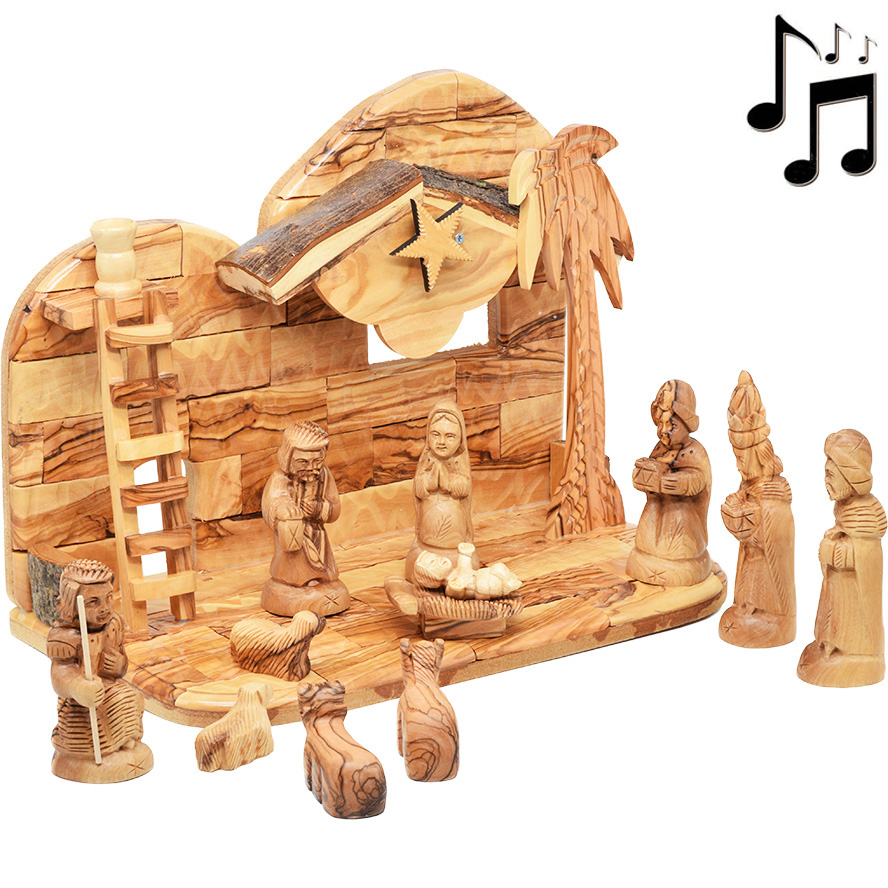Wooden Musical Nativity with Ladder – Figures with Faces 12pc Set – 12″ (left view)