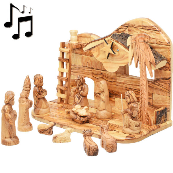 Wooden Musical Nativity with Ladder - Figures with Faces 12pc Set - 12"