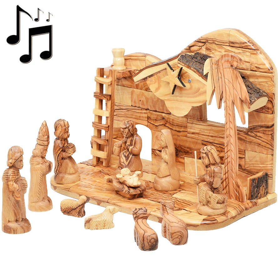 Wooden Musical Nativity with Ladder – Figures with Faces 12pc Set – 12″