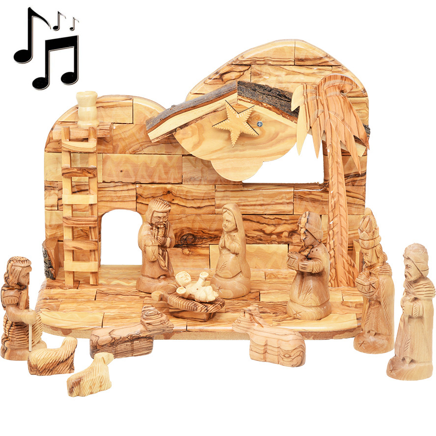 Wooden Musical Nativity with Ladder – Figures with Faces 12pc Set – 12″ (front view)