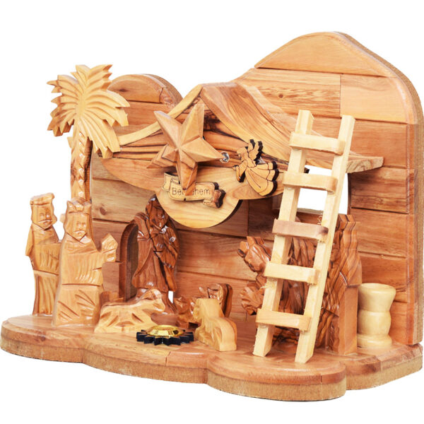 Musical Wooden Nativity with Holy Land Incense - Made in Israel from Olive Wood - 8.5"