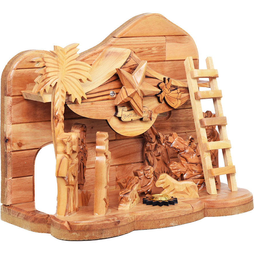 Musical Nativity with Holy Land Incense – Made in Israel from Olive Wood – 8.5″ (side view)