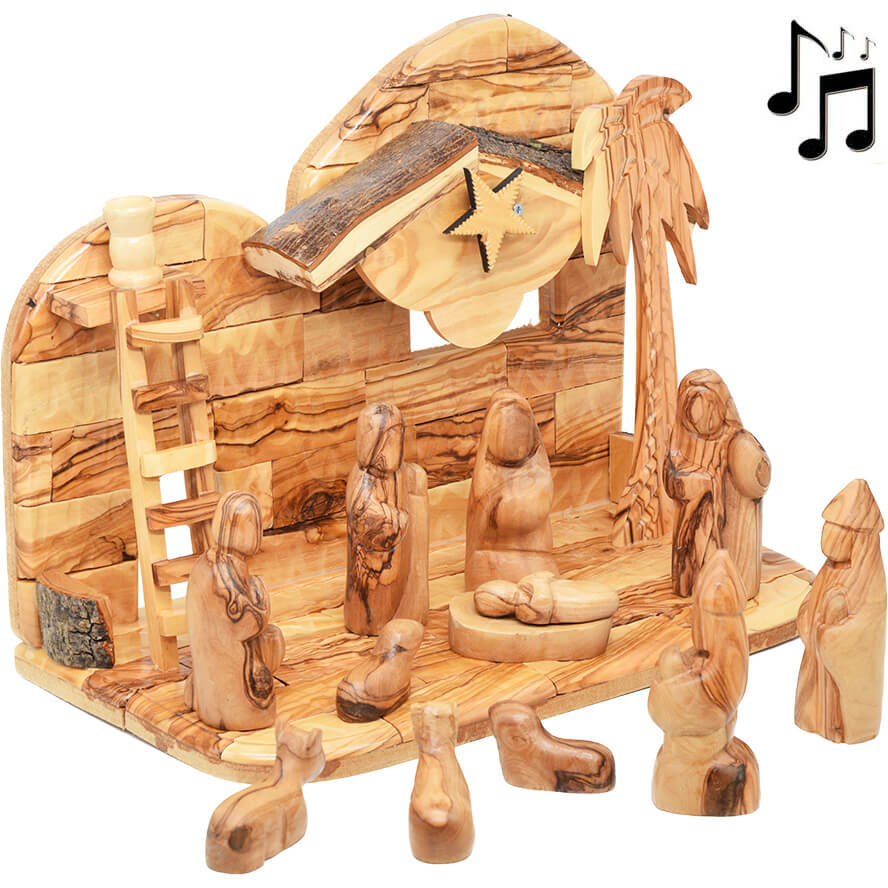 Wooden Musical Nativity with Ladder – Faceless Figurines 12pc Set – 12″