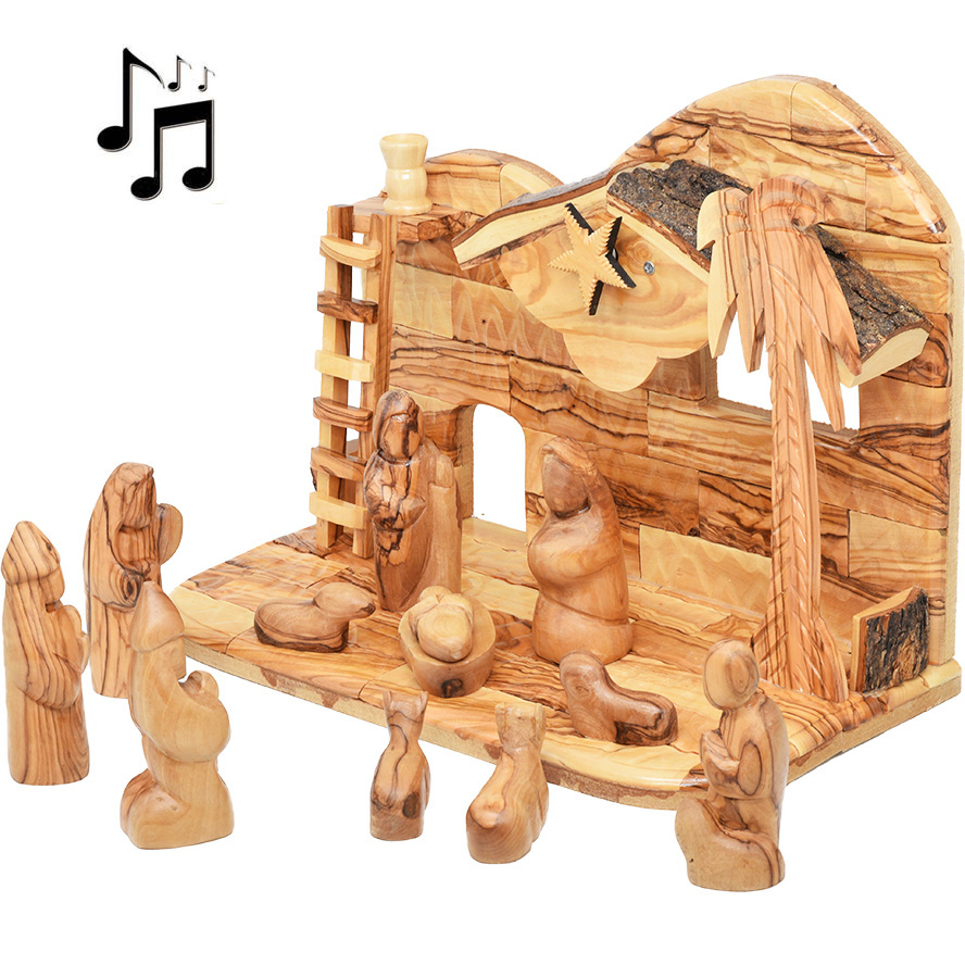 Wooden Musical Nativity with Ladder – Faceless Figurines 12pc Set – 12″ (right view)