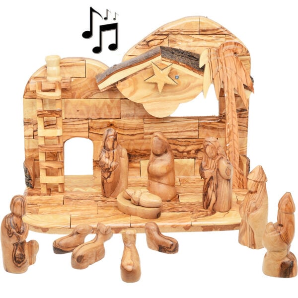 Wooden Musical Nativity with Ladder - Faceless Figurines 12pc Set - 12" (front view)