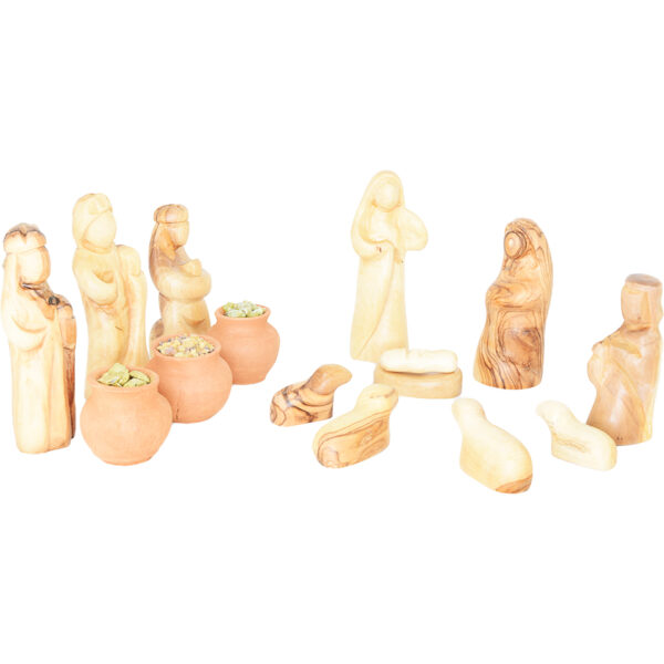 Olive Wood Nativity - Faceless pieces set + The Wise Men's gifts in clay pots