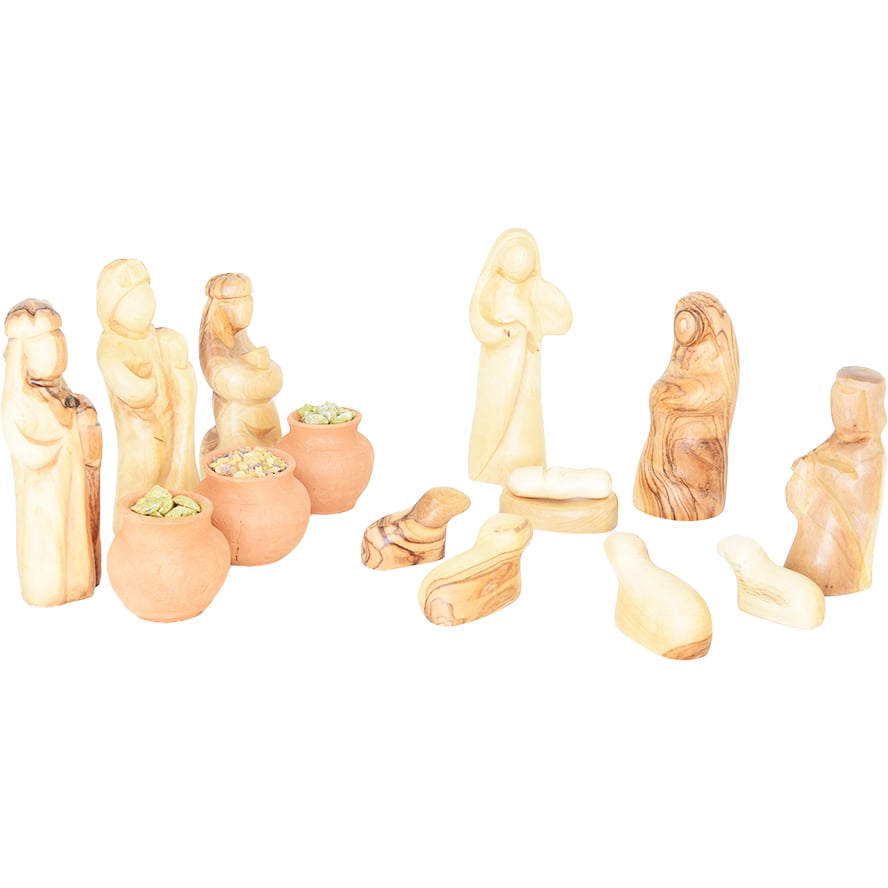 Olive Wood Nativity – Faceless pieces set + The Wise Men’s gifts in clay pots
