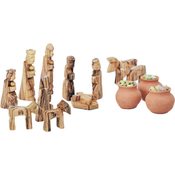 Wooden Nativity scene pieces featuring  the Wise men with gifts in clay pots (lower view)