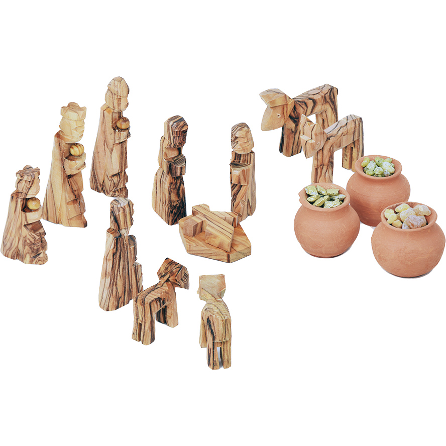 Wooden Nativity scene pieces featuring  the Wise men with gifts in clay pots