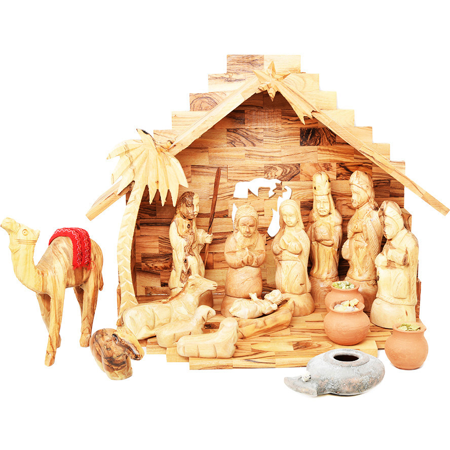 Wooden Christmas Nativity Set + Wise Men Gifts, Camel & Clay Lamp (front view)
