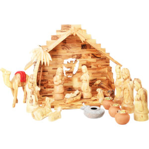 Wooden Christmas Nativity Set + Wise Men Gifts, Camel & Clay Lamp