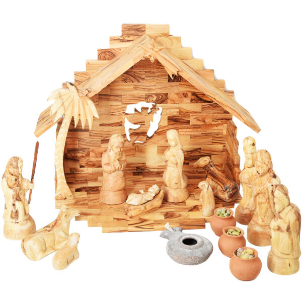 Wooden Christmas Nativity Set + Wise Men Gifts & Clay Lamp (front view)
