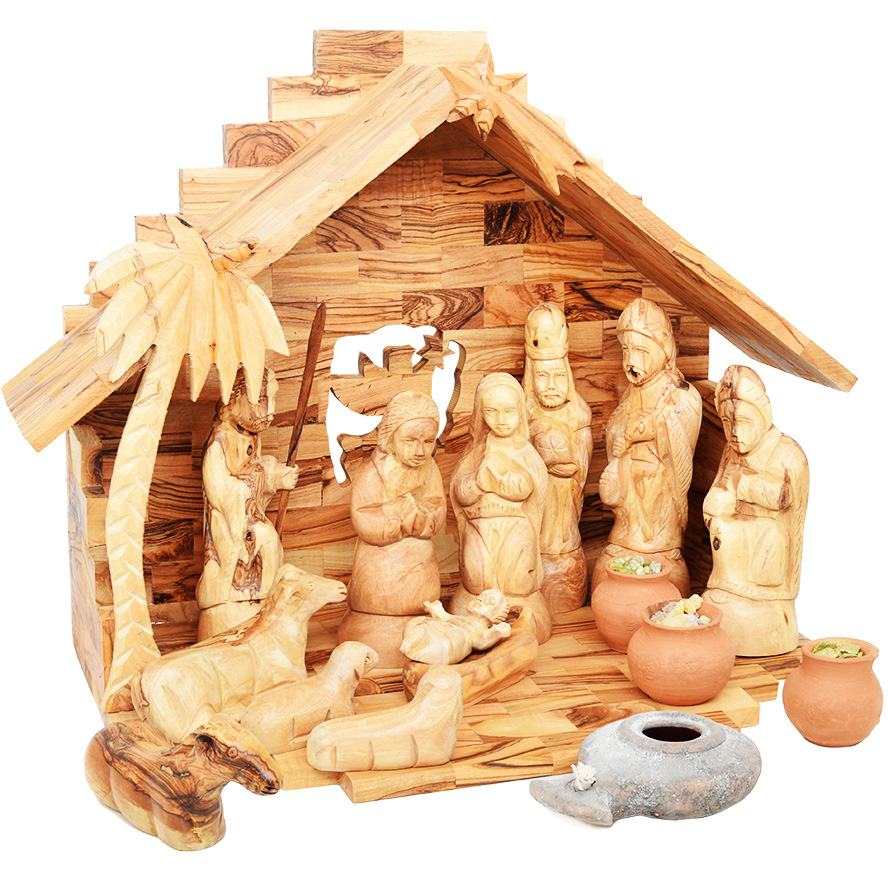 Wooden Christmas Nativity Set + Wise Men Gifts & Clay Lamp (in home)
