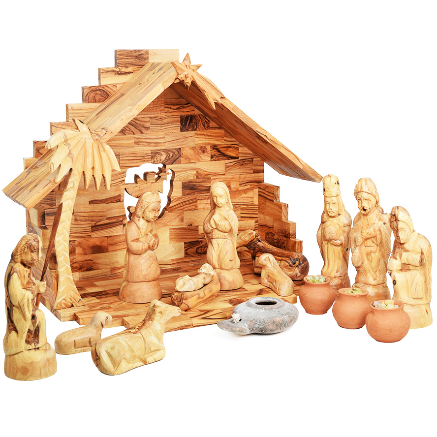 Wooden Christmas Nativity Set + Wise Men Gifts & Clay Lamp
