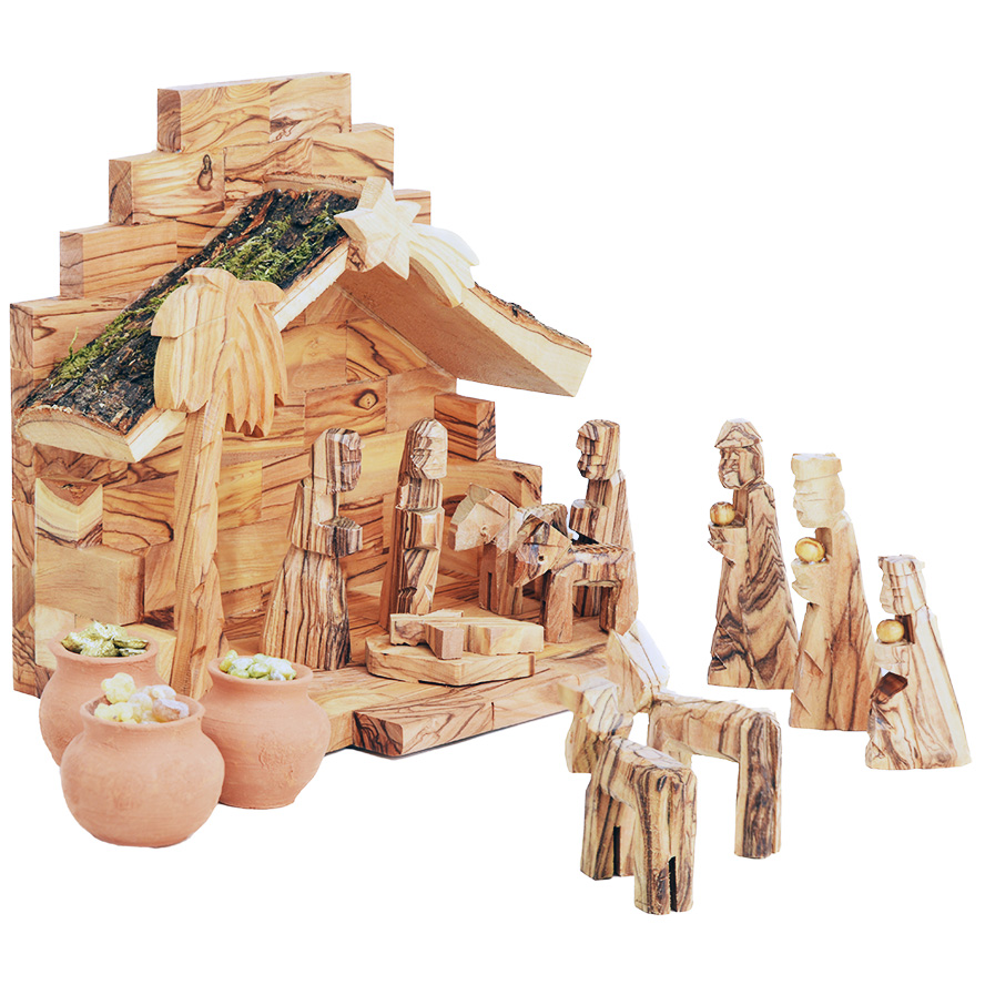 Wooden Nativity Scene - Wise Men Gifts in Clay Pots - Bark Roof