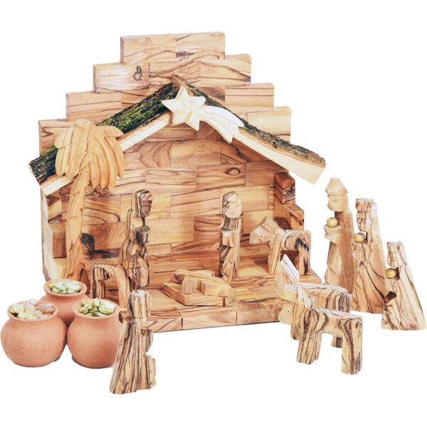 Wooden Nativity Scene - Wise Men Gifts in Clay Pots - Bark Roof (front view)