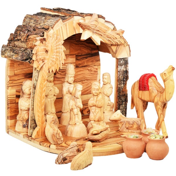 Bark Roof Wooden Nativity Set with Camel + Wise Men Gifts (side view)