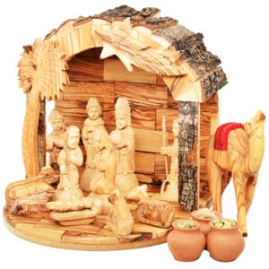 Bark Roof Wooden Nativity Set with Camel + Wise Men Gifts (front view)