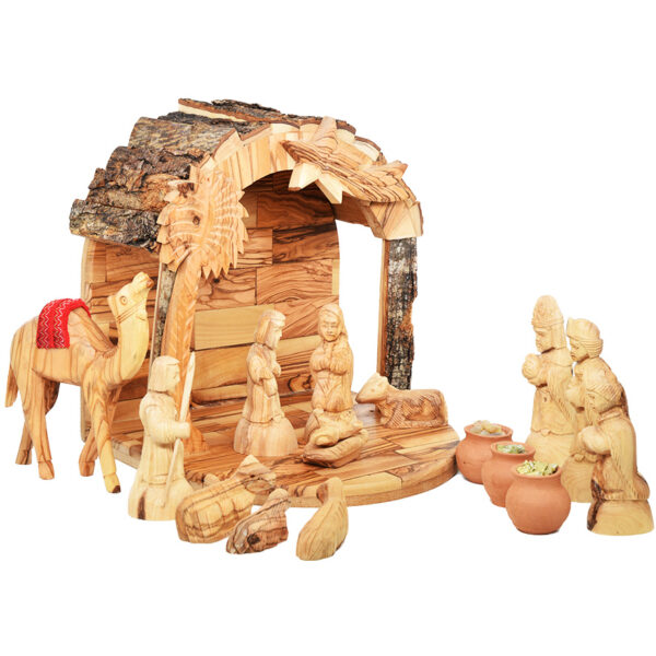 Bark Roof Wooden Nativity Set with Camel + Wise Men Gifts