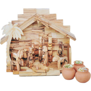 Wooden Christmas Nativity featuring Wise Men Gifts in Clay Pots