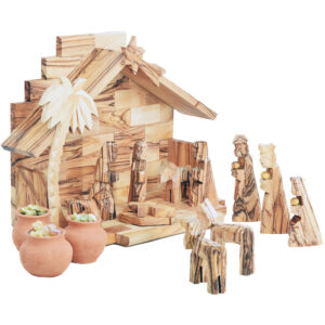 Wooden Christmas Nativity featuring Wise Men Gifts in Clay Pots (angle view)