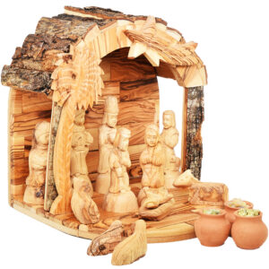 Wooden Nativity Set with Bark Roof + Wise Men Gifts - 10" High (side view)