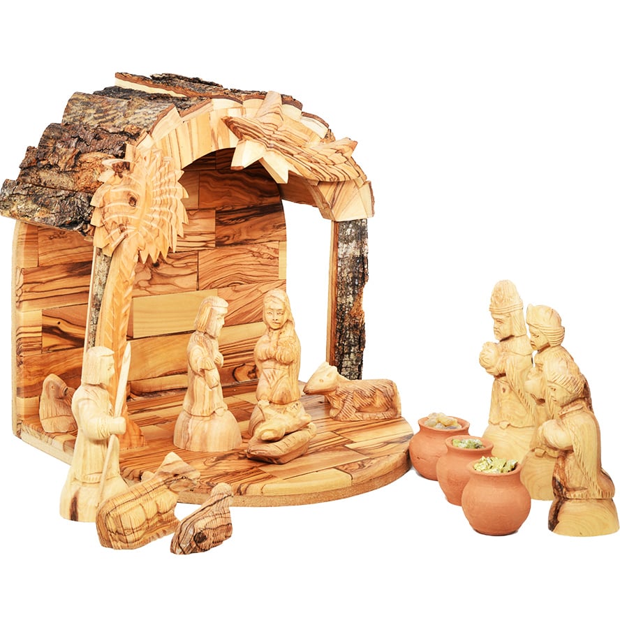 Wooden Nativity Set with Bark Roof + Wise Men Gifts - 10" High
