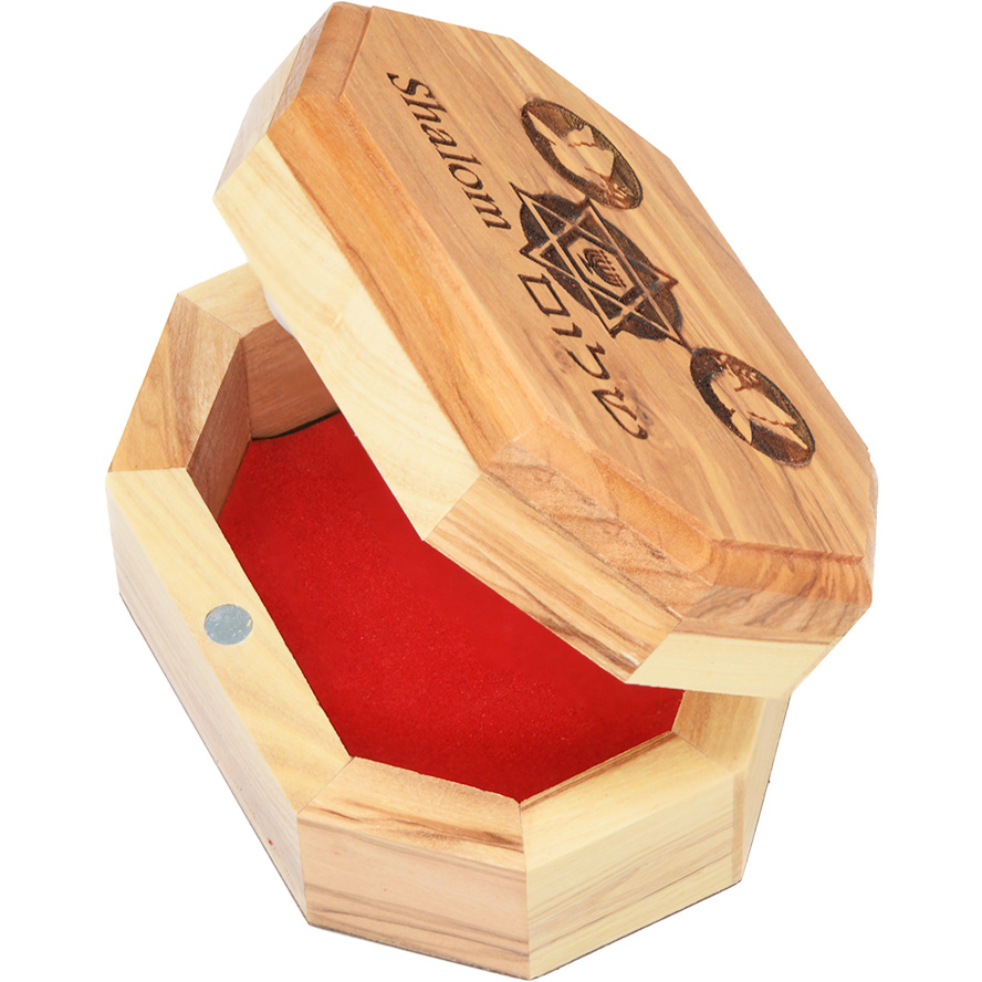 Shalom Dove Star of David Olive Wood Engraved Octagonal Box – 3.8″ (with lid open)