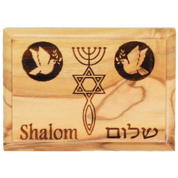 'One New Man' Shalom in Hebrew with Doves - Olive Wood Engraved Box - 2.8" (view from above)