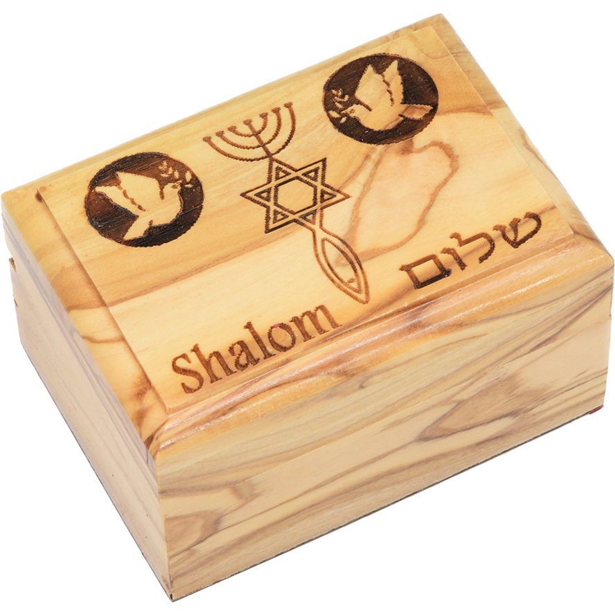 ‘One New Man’ Shalom in Hebrew with Doves – Olive Wood Engraved Box – 2.8″