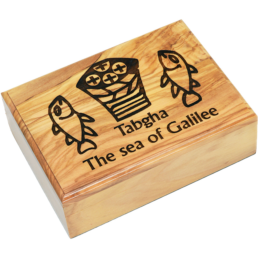 Engraved 'Tabgha Loaves and Fishes' Olive Wood Box from Israel - 6"