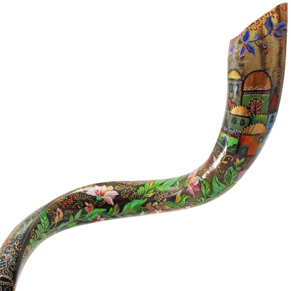 'Jerusalem Garden' Hand-Painted Yemenite Shofar By Sarit Romano (angle detail)