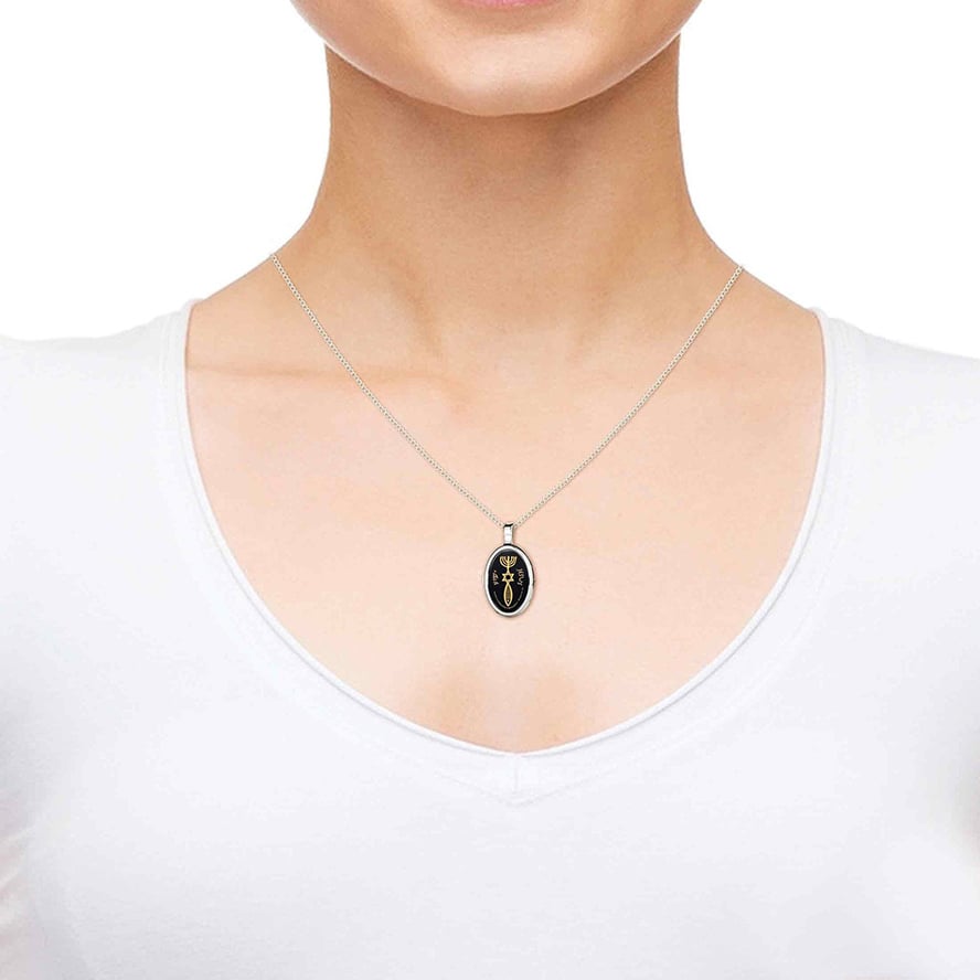 Messianic Nano Engraved 14k Romans 11 – 925 Silver Onyx Necklace (worn by model)