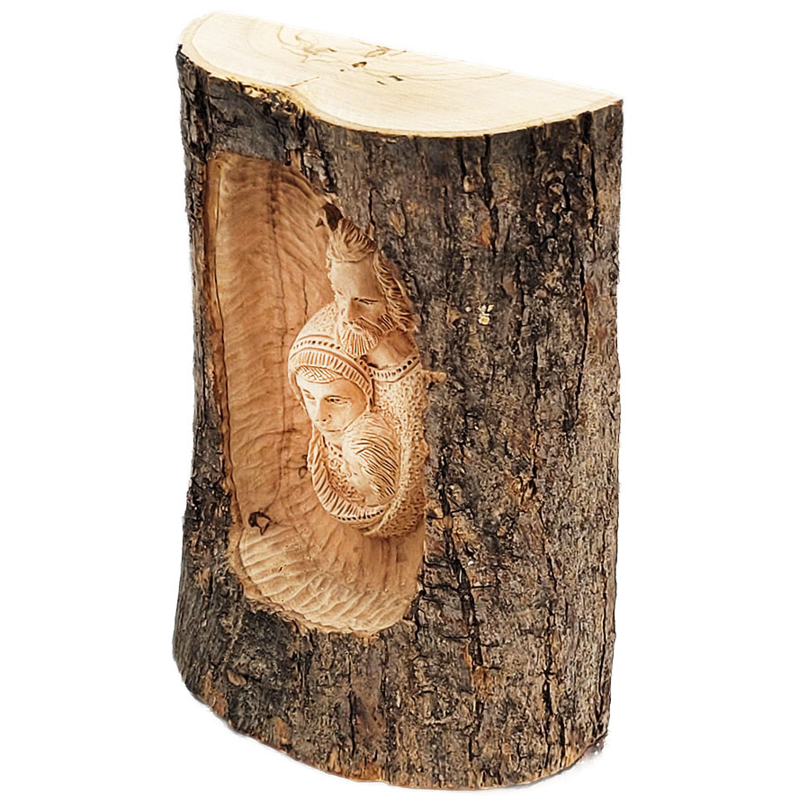 ‘Holy Family’ Created inside a Natural Olive Wood Branch – angle view